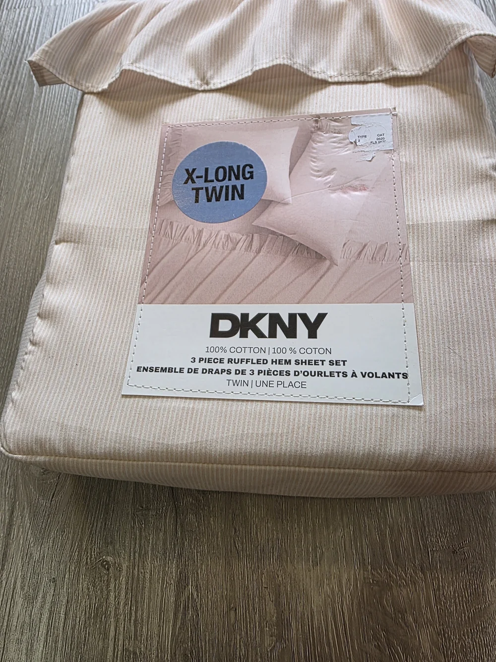DKNY 3 Piece Ruffled Hem Pink Blush Striped Sheet Set X-Long Twin Cotton Cottage